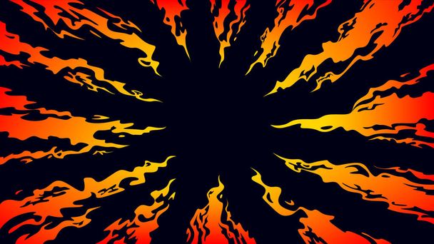 黒い背景の中央に向けられた火の舌。コミックファンタジー炎の背景。デザインテンプレートページ。手描きベクトルアート - ベクター画像