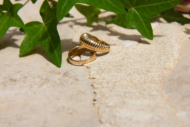 Two gold wedding rings on stone natural background with contrasting shadows and with green leaves of plants - Photo, Image