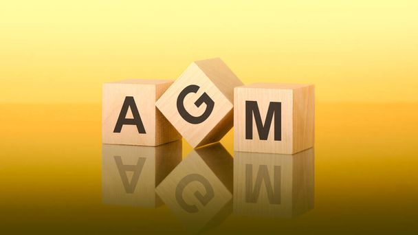 дерев'яні блоки з текстом AGM на жовтому фоні. agm - короткострокові щорічні загальні збори - Фото, зображення