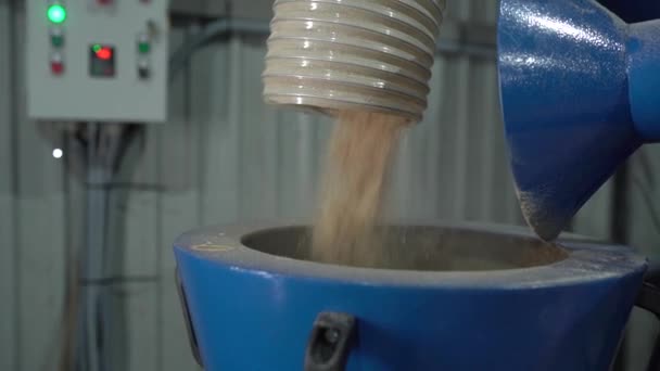 Máquina de processamento de aparas de madeira derrama aparas de madeira cortadas - Filmagem, Vídeo