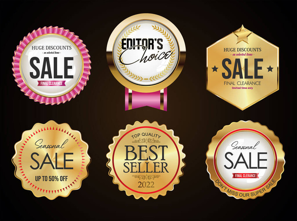Collection of golden  badges and labels on black background  - Vector, afbeelding