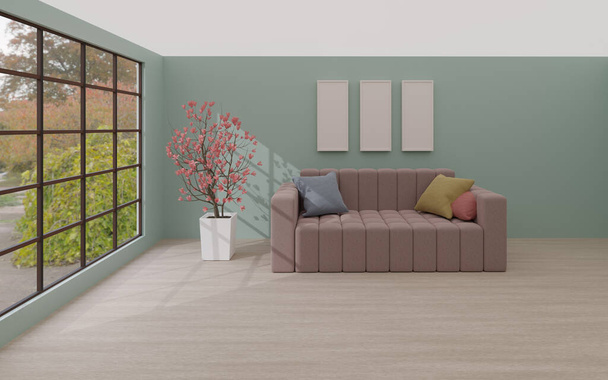 Egy világos szoba modern minimalista dizájnnal. Van egy kanapé, képek és virágok ellen a walll. Panoráma ablak kilátással a kertre. 3D illusztráció - Fotó, kép