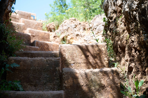 Kroki wyryte w skale na szlaku turystycznym. Rzeka Nahal Ayun. Rezerwat i park narodowy. Górna Galilea, Izrael. Zbliżenie. - Zdjęcie, obraz
