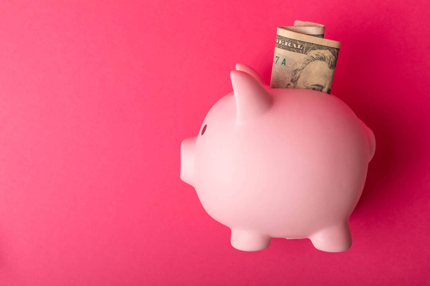 Piggy bank with dollars on a pink background.Money accumulation concept.Currency saving.Investment.Copy space (em inglês). Close-up. - Foto, Imagem