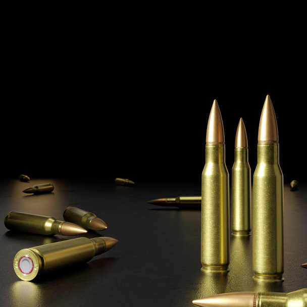 3D-рендеринг иллюстрации винтовки боеприпасов на черном фоне. Вид спереди. Крупный план. - Фото, изображение