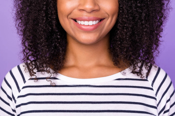 Cropped photo of positive girl wavy hair with perfect white teeth stomatology treatment isolated on violet color background. - Foto, imagen
