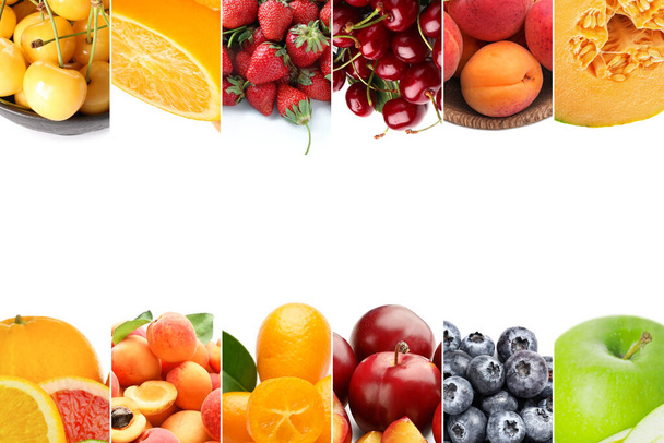 Коллаж со сладкими спелыми фруктами и ягодами на белом фоне с пространством для текста - Фото, изображение