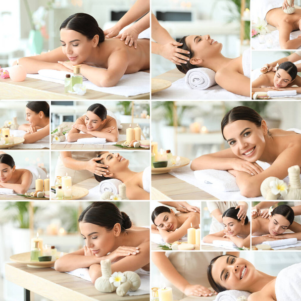Kollaasi kaunis nuori nainen viettää viikonlopun kylpylässä salonki - Valokuva, kuva