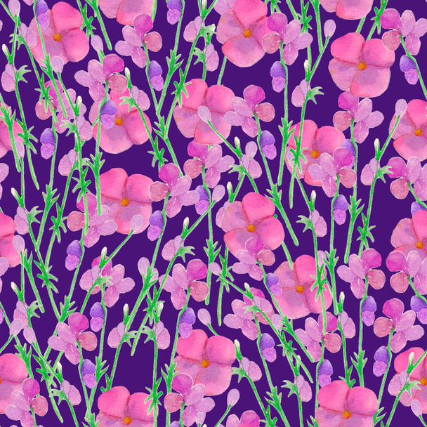 Watercolor hand drawn wild flowers pattern, violet flowers, botanical background, flourish backdrop, deep blue, fabric textile - Foto, Imagem
