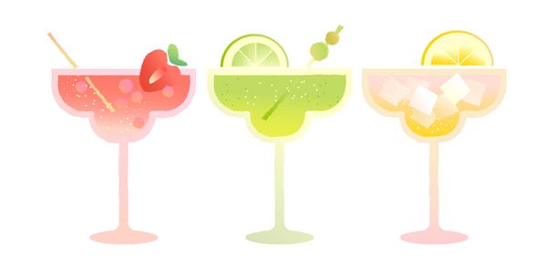 Margarita üveg készlet. Alkoholos, frissítő nyári italok. Eper alkoholos koktél üvegben. Daiquiri ital és lime szelet. Kozmopolita citrommal és jéggel. Lapos vektor illusztráció gradienssel - Vektor, kép