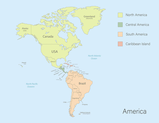Mapa de América, mapa detallado de color clásico con las islas de los estados y el mar con nombres vector - Vector, imagen