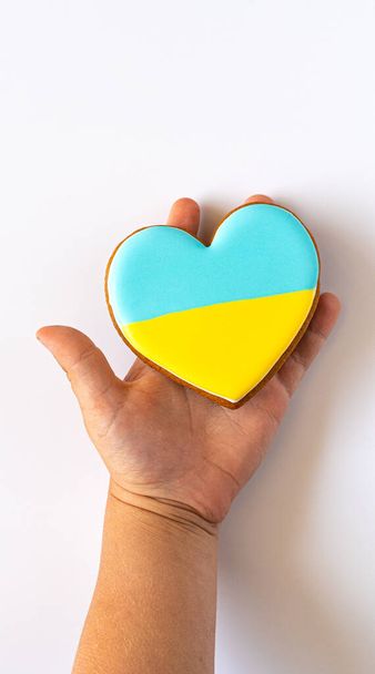 Kinderhand mit Herzform ukrainische Farben blau und gelb Nationalflagge Lebkuchen auf weißem Hintergrund. - Foto, Bild