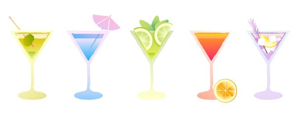 Martini cocktails set. Bright flat vector illustration with gradient and texture. Alcoholic drinks in glasses with lime and mint. Refreshing drink with lavender and lemon. Dirty martini for bar. - Vektor, kép