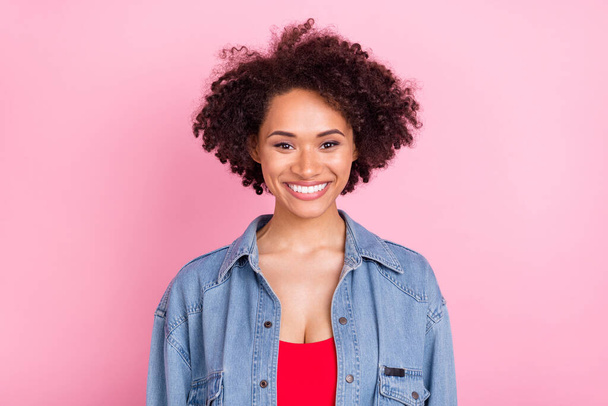 Photo of young cheerful afro american happy lady smile good mood enjoy summer isolated on pink color background. - Fotografie, Obrázek