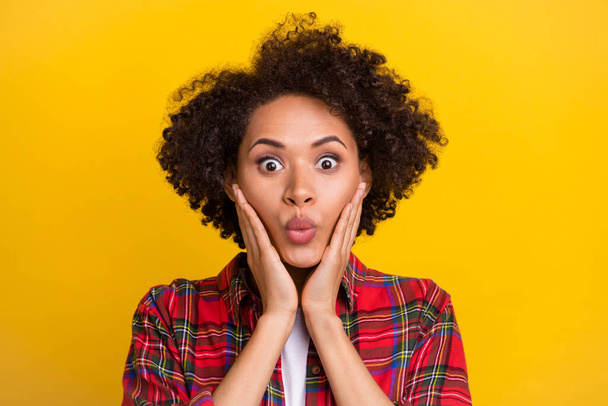 Portrait of attractive amazed girl sudden news reaction pout lips isolated over bright yellow color background. - Valokuva, kuva
