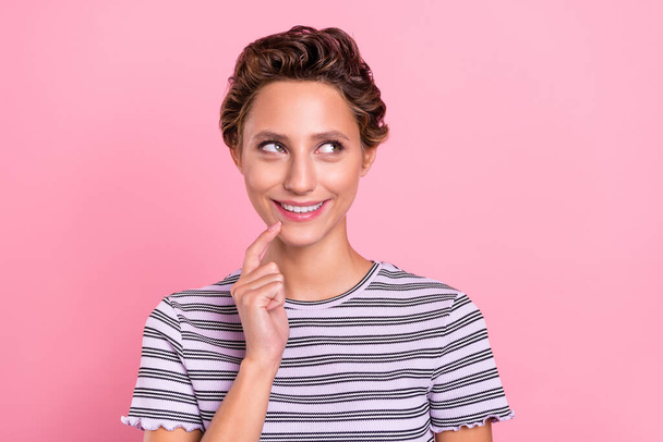 Photo of optimistic young short hairdo lady finger face look ad wear striped t-shirt isolated on pink color background. - Foto, afbeelding