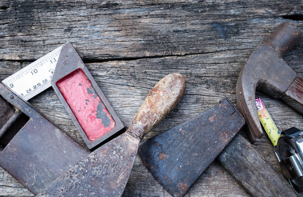Old vintage hand tools on wood background - Photo, Image