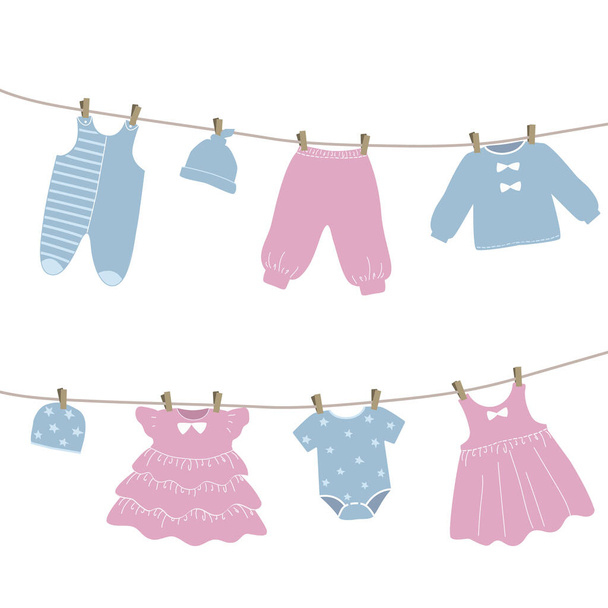 La ropa de bebé cuelga del tendedero. Las cosas se secan en las pinzas de ropa después del lavado. Ilustración vectorial en colores rosa y azul - Vector, imagen