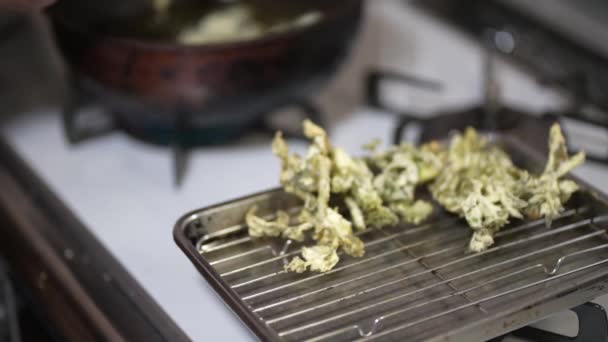 Γυναίκα τηγανίζει tempura του μπακαλιάρου - Πλάνα, βίντεο