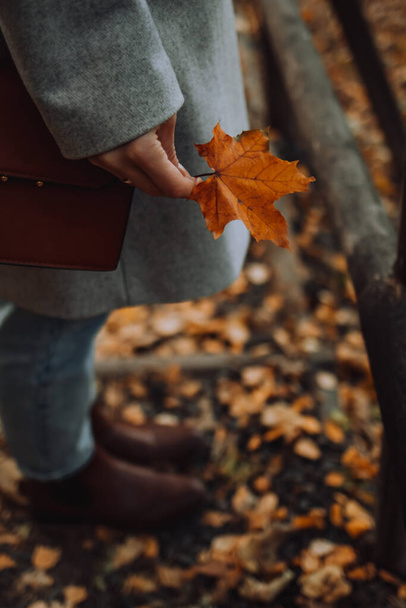A girl is holding a maple leaf in her hand outside in the fall season - Foto, imagen