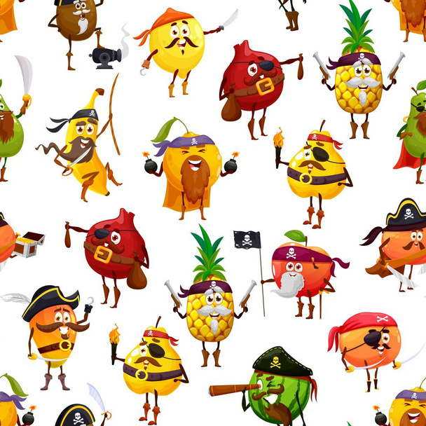 Dibujos animados piratas de frutas, corsarios y filibusteros patrón sin costura. Fondo vectorial con plátano, kiwi, limón y naranja, mandarina, granate, piña, pera, manzana, membrillo, mango y sandía - Vector, Imagen
