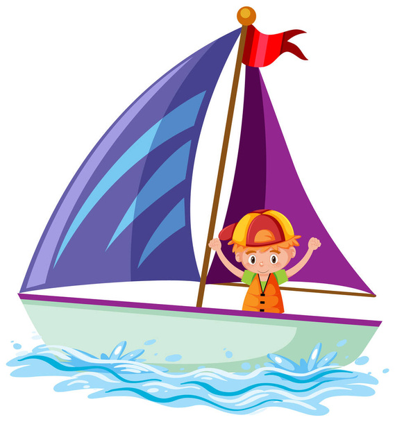 帆船で孤立したイラストの上の小さな男の子 - ベクター画像