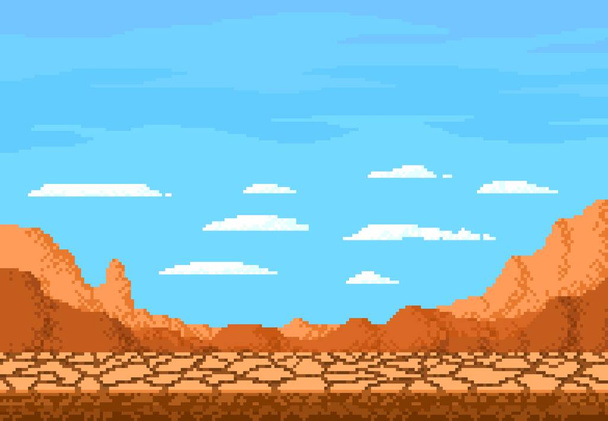 Pixel arte paesaggio desertico, terreno incrinato per sfondo livello di gioco, vettore 8bit. Pixel arte e video game paesaggio del deserto asciutto terra di Arizona o Texas montagne con 8 bit nuvole in cielo - Vettoriali, immagini