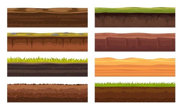 土壌の地面や地下の層、草、土地や地球のテクスチャ、ベクトルシームレスなゲームレベル。土の地面と砂の丘、砂漠の砂と石の表面の地下の層の漫画ゲームの風景 - ベクター画像