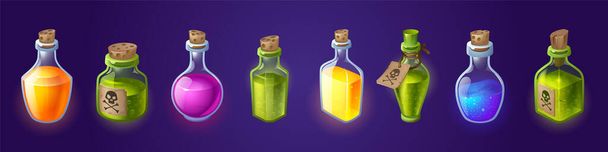 Bottles with magic potions and poisons. Vector cartoon set of glass flasks and vials with different color liquid potions, green acids, corks and tags with skull and crossbones sign - Vector, imagen
