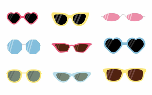 Een set van roze, blauwe en gele frame zonnebrillen met zwarte en donkere lenzen. Vector illustratie in platte stijl eps10. - Vector, afbeelding