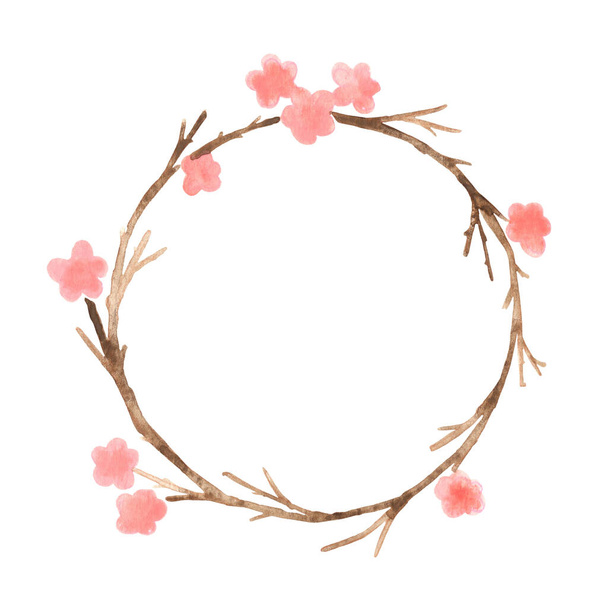 Pink flower on branch wreath watercolor for decoration on spring season and wedding event. - Foto, afbeelding