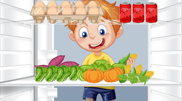 空腹の男の子は冷蔵庫のイラストで食べ物を探して - ベクター画像