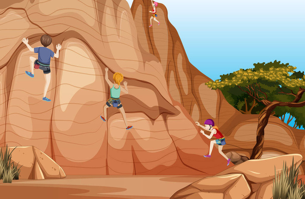 Escena al aire libre con escalador de rocas en la ilustración del acantilado - Vector, imagen