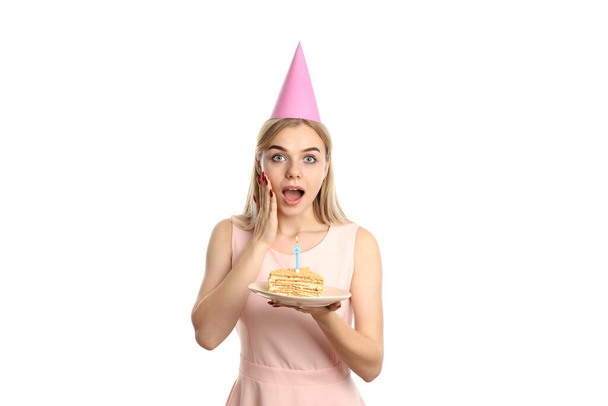 Concept of Happy Birthday with attractive girl, isolated on white background - Photo, Image