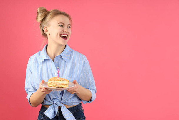 Concept of Happy Birthday with attractive girl on pink background - Valokuva, kuva