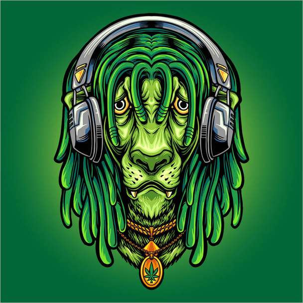 Funky lion listening music with weed leaf vector illustrations for your work logo, merchandise t-shirt, stickers and label designs, poster, greeting cards advertising business company or brands - Vector, Image