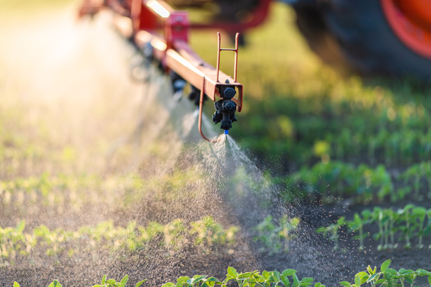 Nozzle of the tractor sprinklers sprayed.Soybean spraying. - 写真・画像