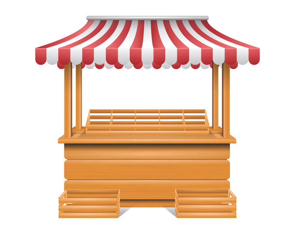 Realistischer Holzbaldachin-Kiosk mit rot-weiß gestreiften Wänden. Marktstand. Leerer Holzmarktstand.  - Vektor, Bild