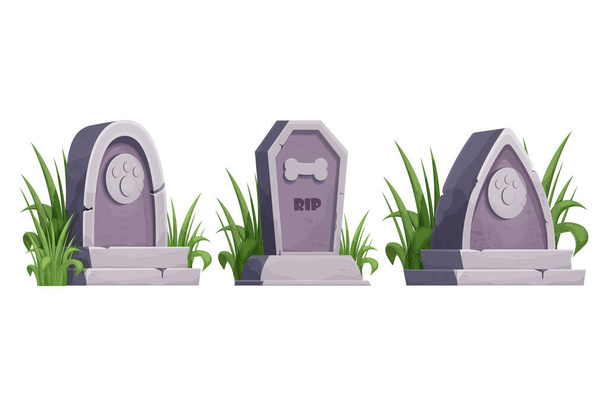 Set Pet gravestone, animal funeral with foot print decorated with grass collection in cartoon style isolated on white background. . Vector illustration - Vector, Image