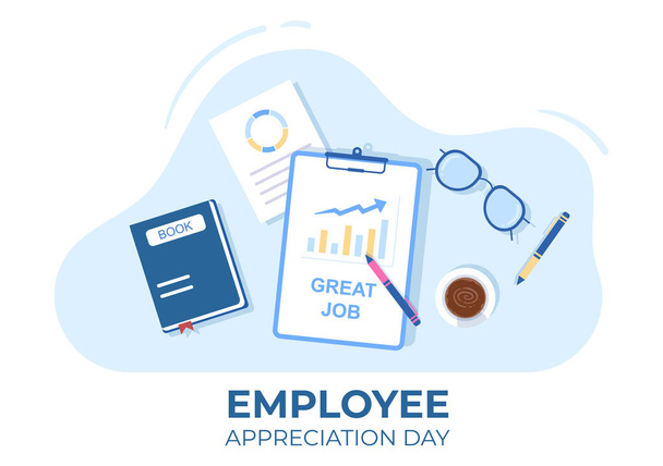 Happy Employee Appreciation Day Illustration de bande dessinée pour rendre grâce ou reconnaissance à leurs employés avec un excellent travail ou trophée dans le style plat - Vecteur, image