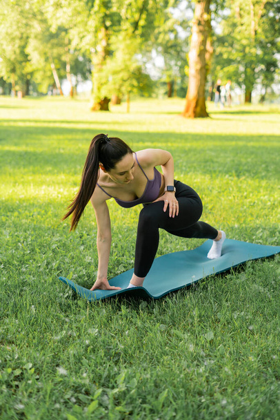 a girl outdoors in the park goes in for sports in a sports purple top in black leggings on a blue sports mat in the background a meadow and trees - Photo, Image