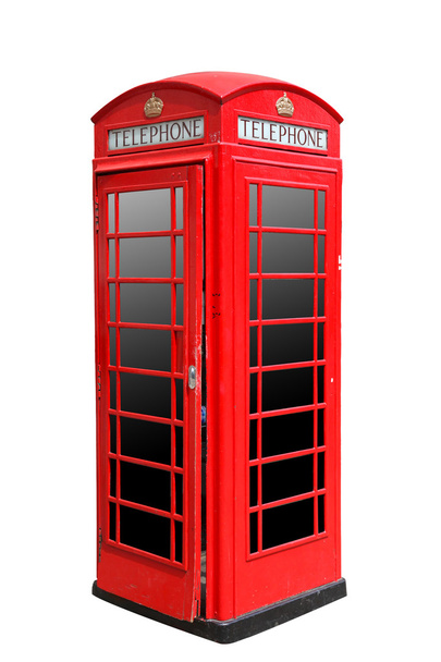 Klasyczny brytyjski czerwony budki telefonicznej, w Londynie, na białym tle - Zdjęcie, obraz