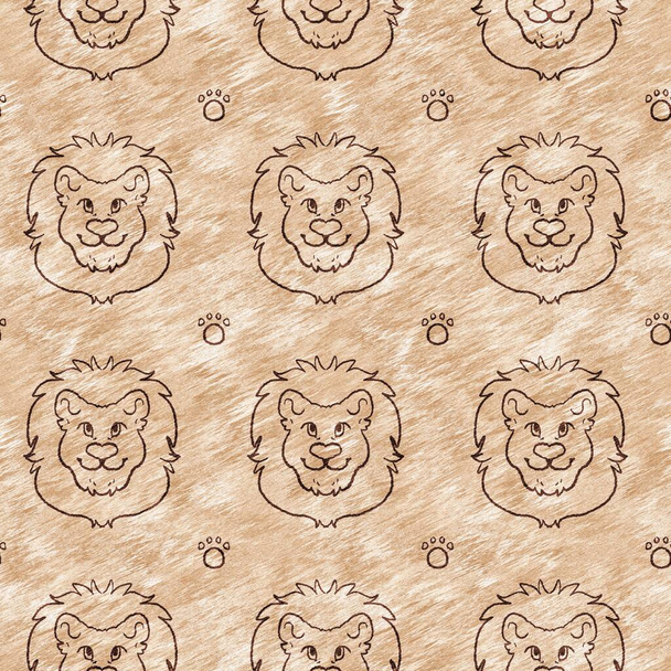 Cute safari wild lion animal pattern for babies room decor. Seamless furry brown textured gender neutral print design - Photo, Image