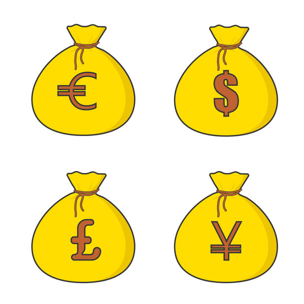 Set of yellow money bag with gold dollar, euro, yen, pound. Vector image, isolated on white background. - Διάνυσμα, εικόνα