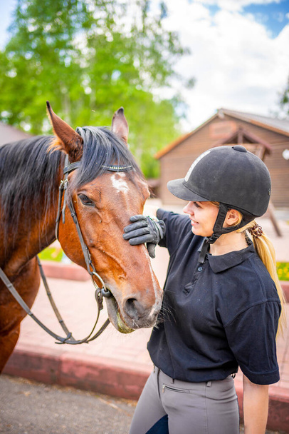 Jolie jeune femme portant un casque caressant son cheval brun. Photo de haute qualité - Photo, image