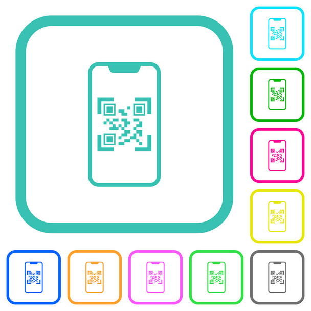 QR code scannen op moderne smartphone levendige gekleurde platte pictogrammen in gebogen randen op witte achtergrond - Vector, afbeelding