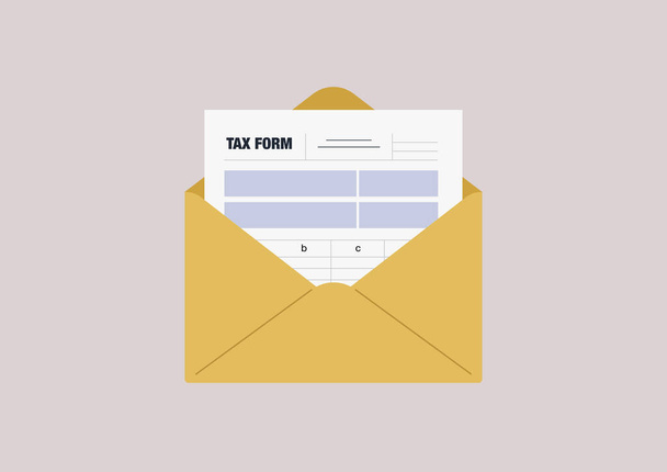 Un formulario de declaración de impuestos en un sobre amarillo, contabilidad y contabilidad, informe financiero - Vector, Imagen