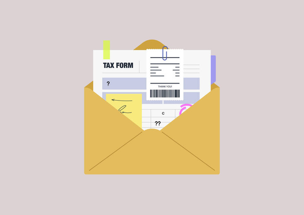 A tax return form in a yellow envelope, bookkeeping and accounting, financial report - Διάνυσμα, εικόνα