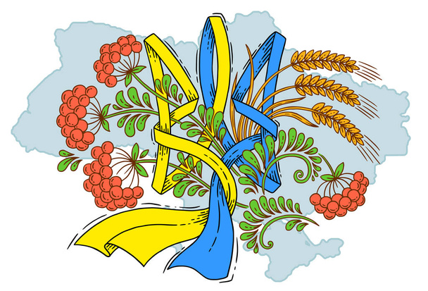 Illustration vectorielle, version décorative du symbole de l'Etat de trident Ukraine. Ruban aux couleurs du drapeau bleu et jaune sur le fond de la silhouette de la carte - Vecteur, image