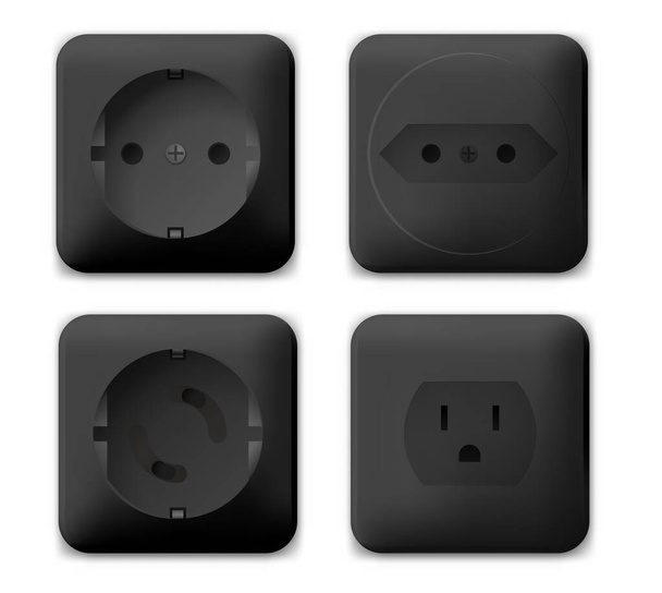 Power socket, switch and extension vector outlet for electric plugs and electricity illustration. Set of different types of power isolated sockets and switchers. - Vector, Image